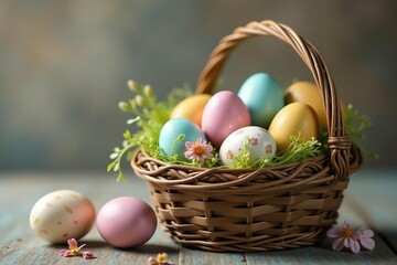 Wooden basket overflowing with decorated Easter eggs, arrangement, holiday, decoration