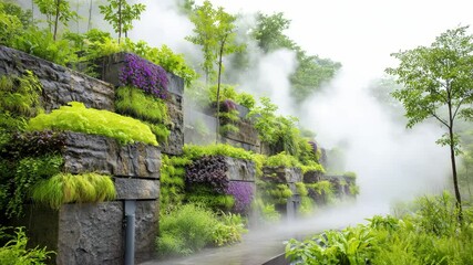 Terraced stone walls covered in lush green plants and purple flowers with mist creating a tranquil, garden atmosphere. - Powered by Adobe