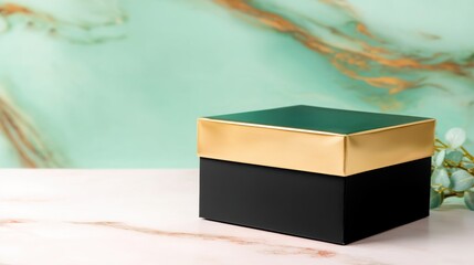 Elegant gift box on a marble surface with a soft green background and decorative foliage