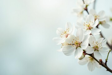 Delicate white blossoms against pure backdrop, fragile, delicate