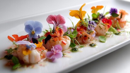 Delicate Seafood Dish Garnished With Vibrant Edible Flowers Presented Artfully