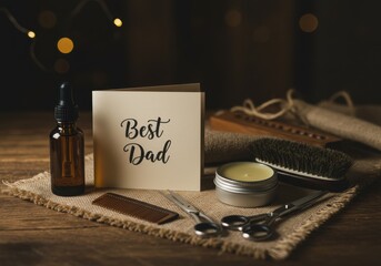 A fathers day gift set with card saying best dad grooming tools and oil on wooden table with lights