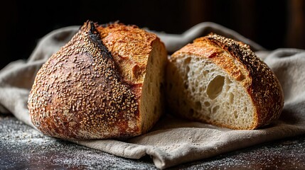 Artisan Sourdough Bread With Sesame Seeds Sliced on a Rustic Wooden Table