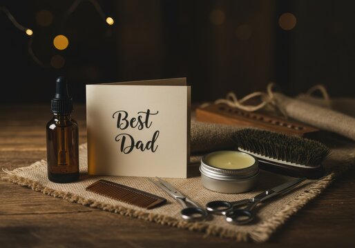 A fathers day gift set with card saying best dad grooming tools and oil on wooden table with lights