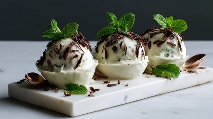 Creamy Gelato Scoops Topped With Chocolate Shavings and Fresh Mint Leaves Served on Marble