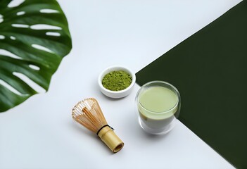 Glass of freshly prepared matcha tea with bamboo whisk on white background, surrounded by green matcha powder. Traditional Japanese matcha drink. Healthy matcha tea in a modern setting. Matcha latte