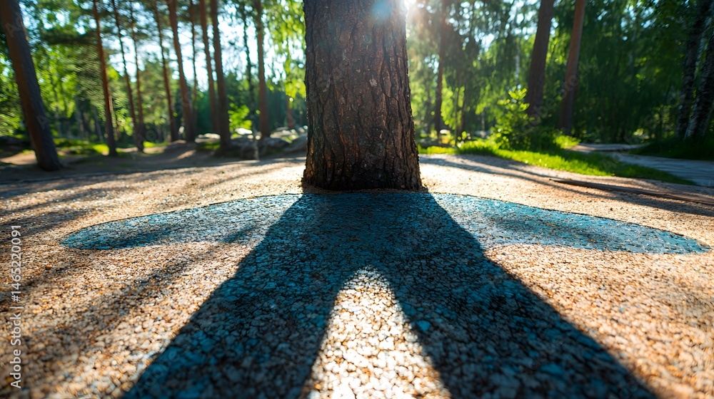 Poster tree trunk shadow on open slope and smooth terrain