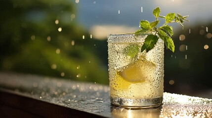 Refreshing Iced Lemonade Garnished With Mint Leaves on a Sunny Day