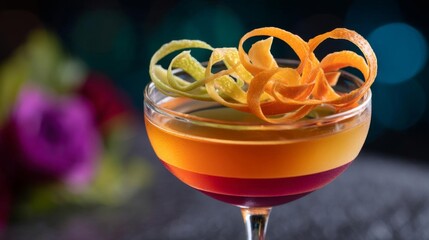 Elegant Cocktail Garnished With Colorful Spirals Served at a Stylish Bar in the Evening