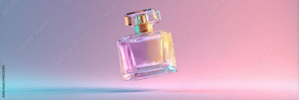 Fototapete elegant perfume bottle floating gracefully against a soft pastel background with gentle color gradie