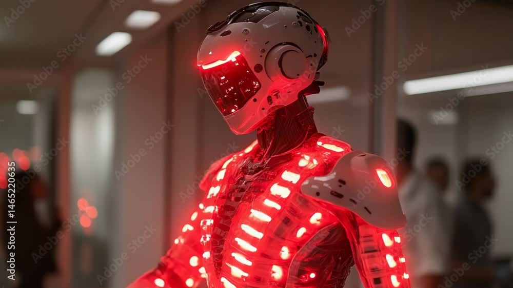 Poster futuristic robot with red led lights.