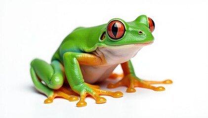 Naklejka premium Green tree frog perched on white, vibrant skin, asset, illustration, biology