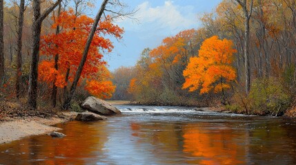 Autumn River Scene with Light Snowfall and Vibrant Foliage