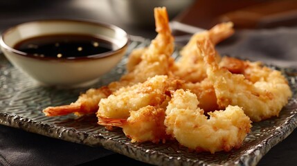 Golden Tempura Shrimp Served With Dipping Sauce at a Cozy Restaurant Table Setting