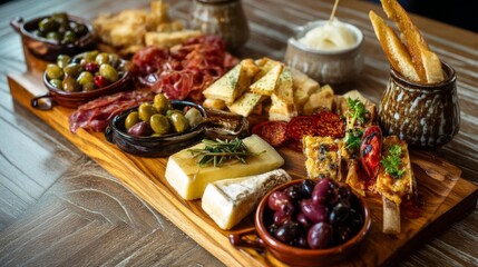 Vibrant Mediterranean Tapas Spread Featuring Olives, Cheeses, and Cured Meats on a Wooden Board