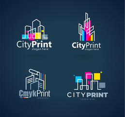 Set Logo City Print СMYK Printing Polygraphy theme. Silhouette Buildings lines style. Template design vector. Black background.