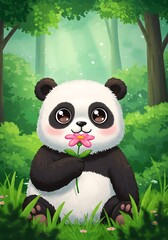 Naklejka premium Adorable Panda Cub Holding Flower in Forest