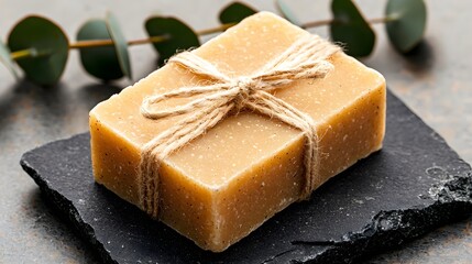 Beige Natural Soap with Dried Eucalyptus on Dark Stone
