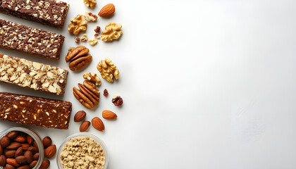 Different tasty energy bars, nuts and protein powder on white table, space for text