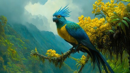 Blue and Yellow Parrot in Lush Tropical Mountain Landscape