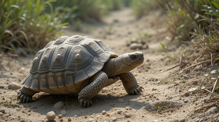 Obraz premium tortoise overtaking another on a sandy path