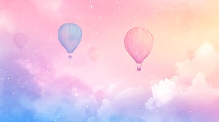 Hot air balloons floating in pastel sky