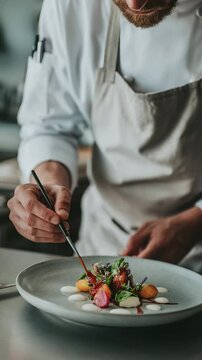 Closeup of a chef's hands carefully plating a gourmet dish. The dish features orange and pink elements arranged on a gray plate. The chef wears a white jacket and beige apron.