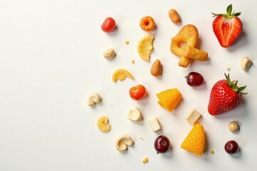 Scattered unhealthy snacks on white background, chips, food background, sugar