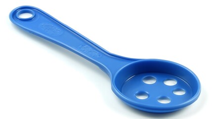 Bright blue plastic colander spoon with holes.