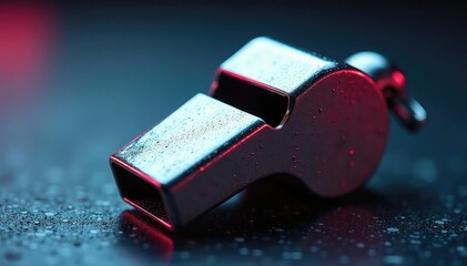 Silver metal whistle, shiny surface, close-up , silver, object