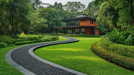 Modern home nestled within lush greenery, a winding pathway meanders through meticulously landscaped gardens