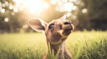 Adorable kangaroo joey in sunlight, nestled in green grass, looking up curiously.