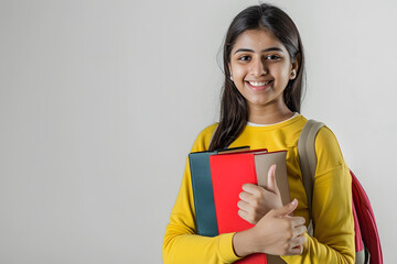 Young indian girl holding books and showing thumb up over white background