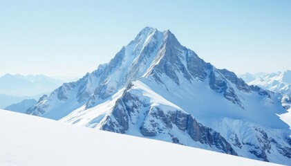Snow-covered mountain peak, pristine white landscape, frost, antarctic
