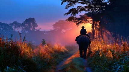 Fototapeta premium Majestic elephant journey at sunrise through misty forest path.
