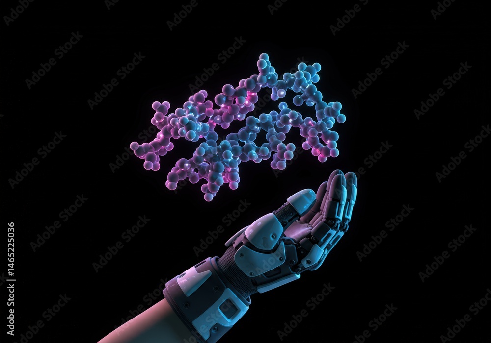 Poster robot hand holding a floating molecule on black background. concept of artificial intelligence in sc