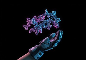 Robot hand holding a floating molecule on black background. Concept of artificial intelligence in science and biotechnology for research and medicine