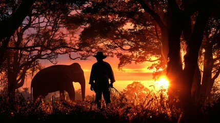 Silhouette of an elephant and person at sunset in a forest landscape.