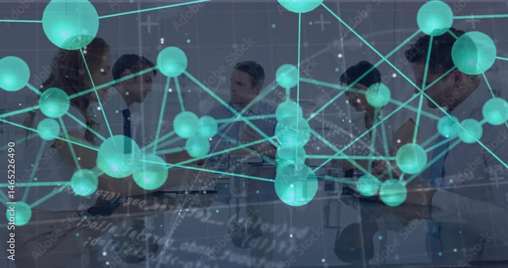 Poster business team collaborating around meeting table, reviewing data with glowing network nodes overlay