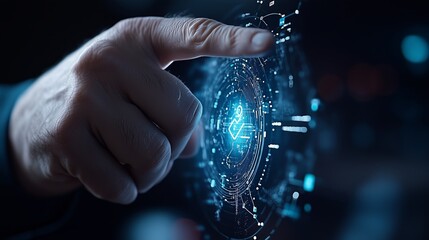 A hand points at a glowing blue orb encased in intricate digital circuits, floating against a dark backdrop with blurred city lights, symbolizing advanced technology or data visualization.  