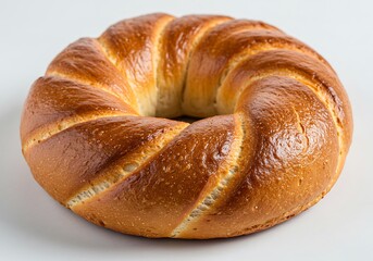 A close up shot of a golden brown braided bread ring on a white surface in a studio setting