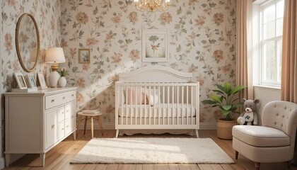 Serene Nursery Interior Design: Elegant Crib, Floral Wallpaper, and Pastel Tones