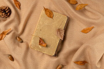 Book with leaves on fabric background. Flat lay, top view.