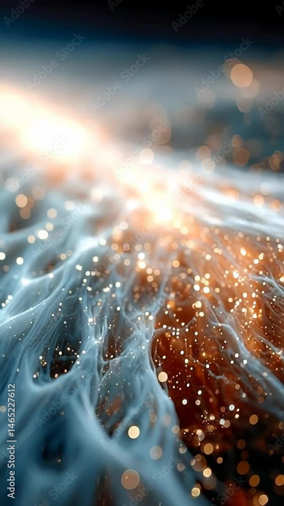 Poster glowing waves of data streams flow across a surface in orange and blue hues, visualizing digital flo