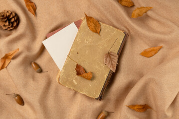 Book with leaves on fabric background. Flat lay, top view.