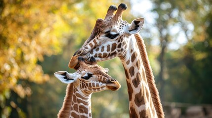 Obraz premium A mother giraffe gently nuzzling her calf, both with soft and textured fur.
