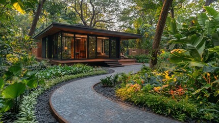 Modern cabin nestled in lush tropical garden.  Serene retreat with curved walkway