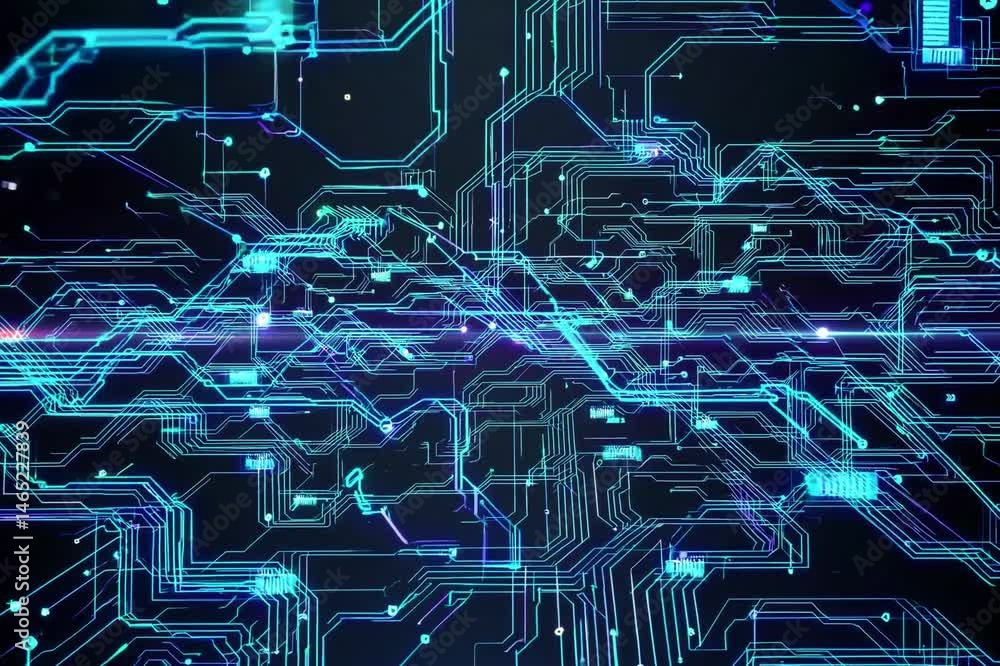 Poster a vibrant digital circuit background featuring intricate patterns of blue light against a dark backd