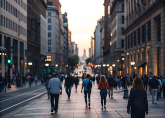 Blurred crowd of people walking on a city street in the evening light. Urban lifestyle and movement concept. Top view of diverse group of people walking at city street surrounded with building.