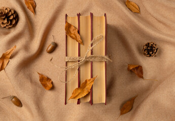Composition with books on fabric background from above. Flat lay, top view.